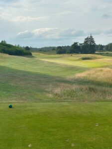 Scottish links golf course fairway with bunkers