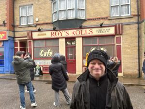 JP Cone outside Roy's Rolls on the Coronation Street set