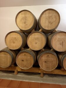 Barrels of Moscatel de Setúbal 2021 resting in the cellar at Filipe Palhoça winery in Palmela, Portugal