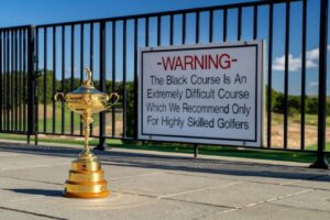 Ryder Cup trophy beside the warning sign at the Black Course at Bethpage