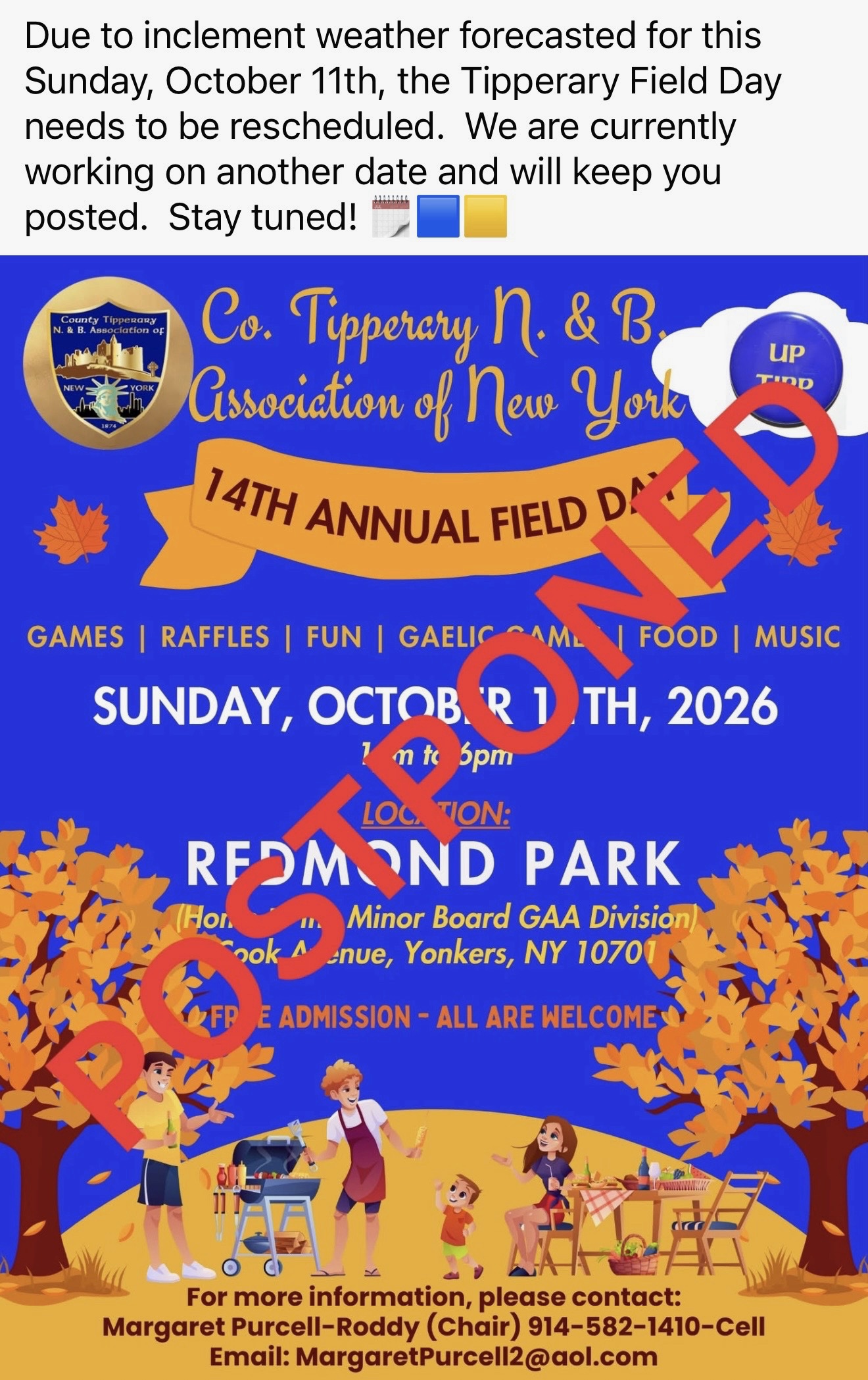 County Tipperary N. and B. Association of New York 14th Annual Field Day poster — postponed