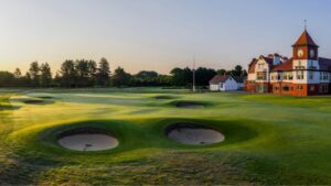 The clock-tower clubhouse and pot bunkers at Formby Golf Club on England's Golf Coast