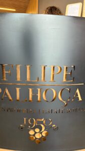 The gold Filipe Palhoça sign at the winery in Palmela, Portugal — estate bottled since 1950