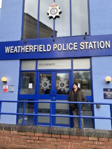 JP Cone outside Weatherfield Police Station on the Coronation Street set