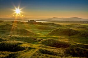 Golden sunset over the dunes at Carne Golf Links, Belmullet, County Mayo