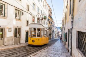 Lisbon's famous yellow tram, Portugal
