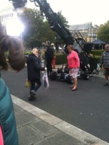 A scene from Mrs. Brown's Boys D'Movie being filmed on the streets of Dublin