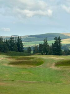 Rolling Scottish golf landscape with forested hills
