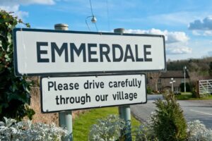The Emmerdale village sign in Yorkshire, England — the famous TV village