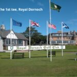 The 1st tee and clubhouse at Royal Dornoch Golf Club, Scotland