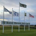 Royal Dornoch Golf Club entrance sign flags, Scotland