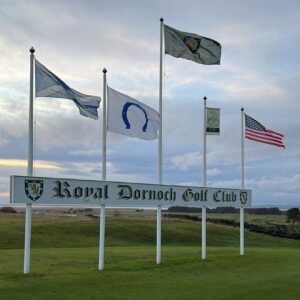 Royal Dornoch Golf Club entrance sign flags, Scotland