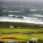 Dramatic stormy coastline waves, Scotland golf coast