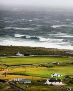 Dramatic stormy coastline waves, Scotland golf coast