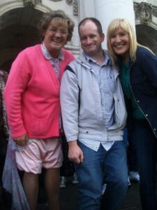 JP on set with Brendan O'Carroll as Mrs Brown and Jennifer Gibney during filming of Mrs. Brown's Boys D'Movie in Dublin