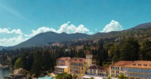A grand lakeside hotel with gardens and a pool on Lake Garda, Italy