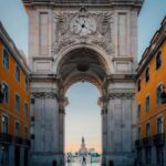 The Arco da Rua Augusta in Lisbon at dawn, looking through the arch towards the Tagus