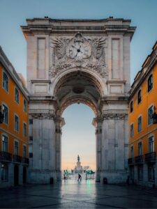 The Arco da Rua Augusta in Lisbon at dawn, looking through the arch towards the Tagus