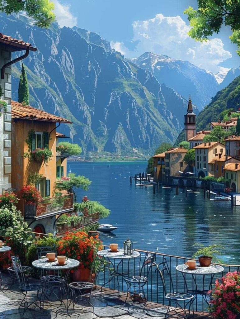 Lakeside café terrace in an Italian lake town with terracotta rooftops and Alpine mountains — Lake Como with Executive Global Tours