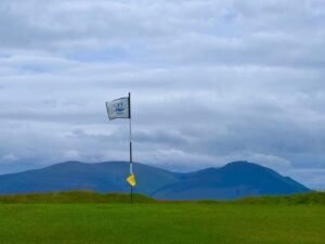 A flagstick on an Irish links green