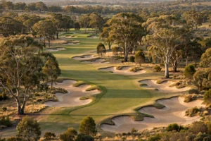 A classic sandbelt golf course near Melbourne, sculpted bunkers and gum trees in warm afternoon light