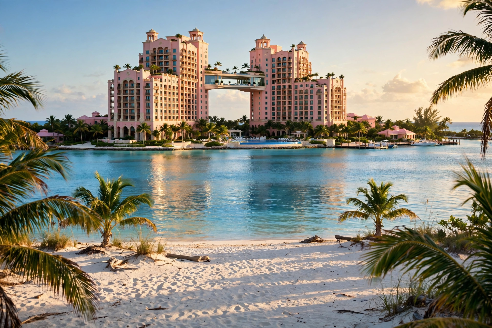 A grand pink resort across the turquoise lagoon on Paradise Island in the Bahamas