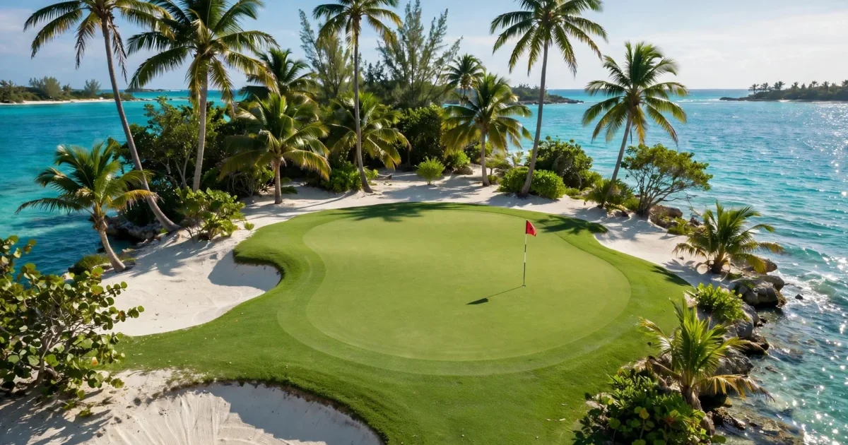 A championship golf green surrounded by turquoise water and palm trees in the Bahamas