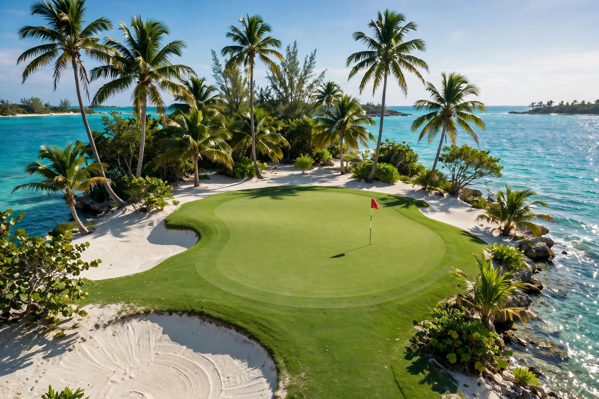 A championship golf green surrounded by turquoise water and palm trees in the Bahamas