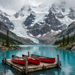 A turquoise glacial lake in the Canadian Rockies with canoes on a wooden dock