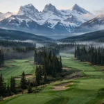 A mountain golf course in the Canadian Rockies, emerald fairways beneath snow-capped peaks