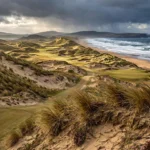 A wild links golf course in County Donegal beneath the mountains