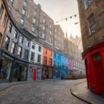 Colourful Victoria Street curving through Edinburgh's Old Town