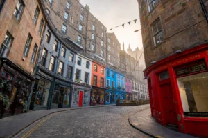 Colourful Victoria Street curving through Edinburgh's Old Town