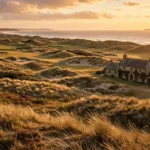 A classic links golf course on England's Golf Coast at golden hour