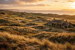 A classic links golf course on England's Golf Coast at golden hour