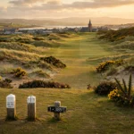 The first tee of a Highland links golf course with a town and church spire behind