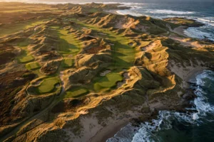 Aerial view of an Irish links golf course among towering dunes on the Atlantic coast
