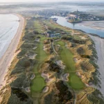 An aerial view of an Irish links golf course on the Atlantic coast
