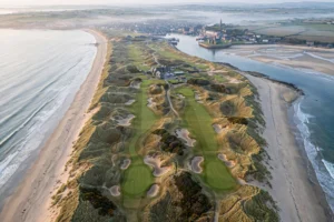 An aerial view of an Irish links golf course on the Atlantic coast