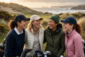 Women golfers laughing together on an Irish links course