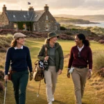 Women golfers on a Scottish links at golden hour