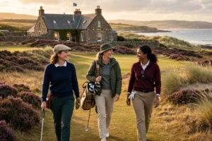 Women golfers on a Scottish links at golden hour