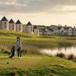 Golfers teeing off beside Lough Erne in County Fermanagh, Northern Ireland