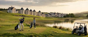 Golfers teeing off beside Lough Erne in County Fermanagh, Northern Ireland