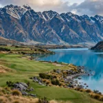 A lakeside golf course beneath the mountains near Queenstown, New Zealand