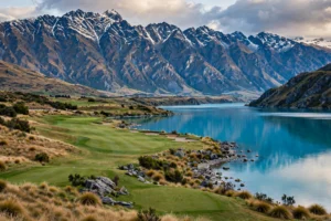 A lakeside golf course beneath the mountains near Queenstown, New Zealand