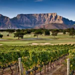 A golf course beneath Table Mountain in Cape Town, South Africa, vineyards in the foreground