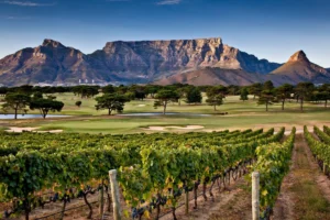 A golf course beneath Table Mountain in Cape Town, South Africa, vineyards in the foreground