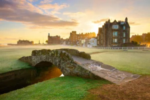 The Swilcan Bridge on the Old Course at St Andrews at sunrise