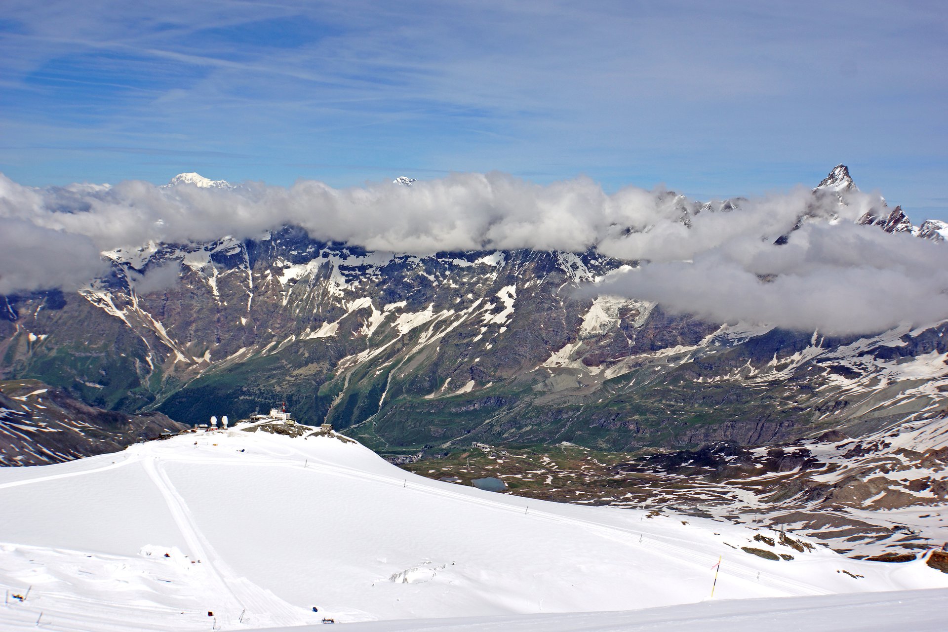 The Matterhorn above an Alpine ski resort